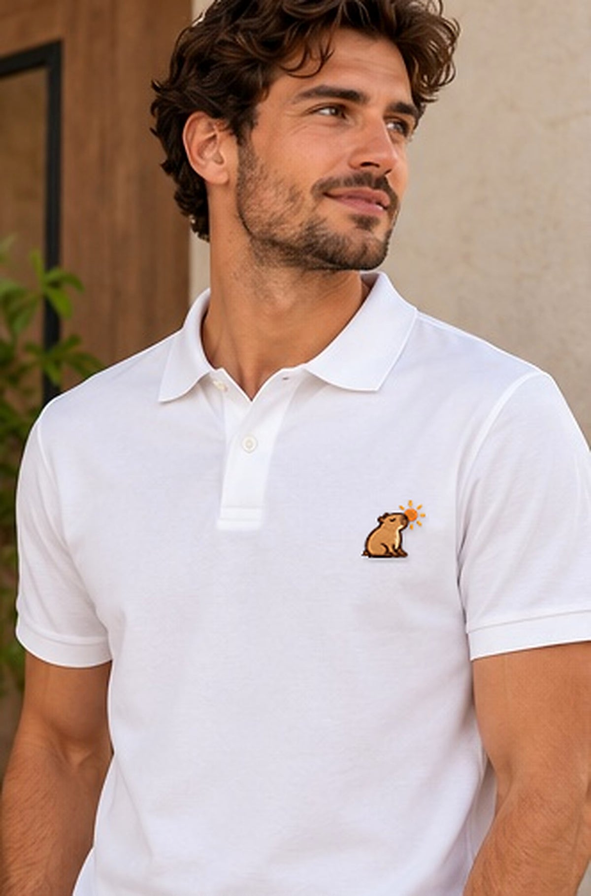 Lifestyle-Foto: Sunny_Mellowbara – Poloshirt mit kleiner Stickerei getragen, nachgeschärfte Produktaufnahme