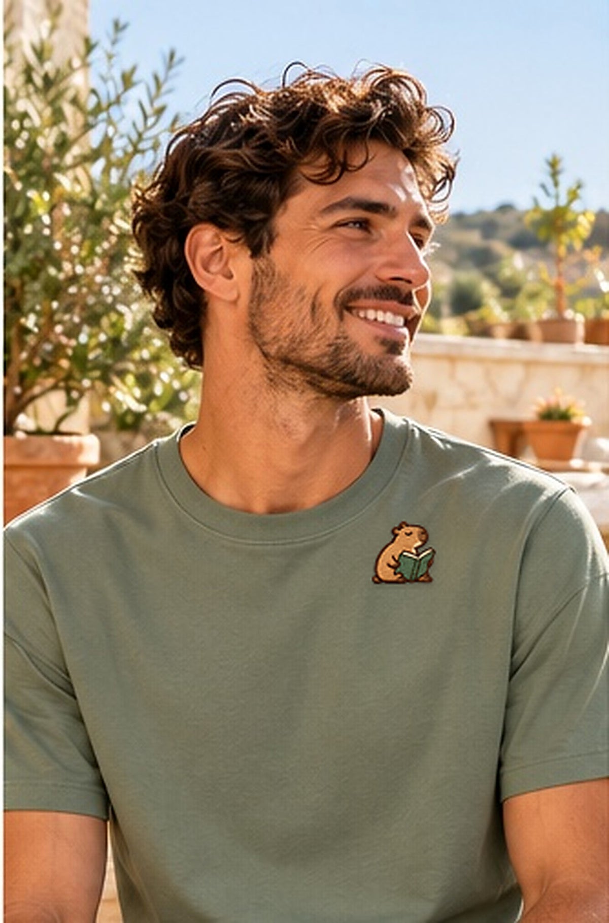 Lifestyle-Foto: Lesendes_Mellowbara – Herren-T-Shirt mit kleiner Stickerei getragen, nachgeschärfte Produktaufnahme