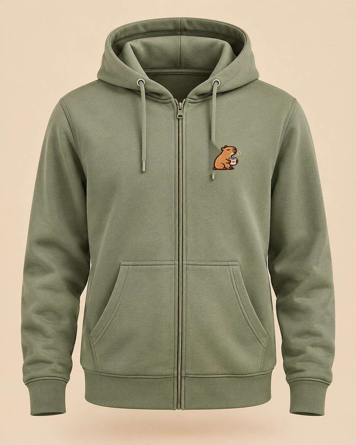 Mellowbara_mit_kaffee – neutrales Produktbild der Sweatjacke mit kleiner Stickerei