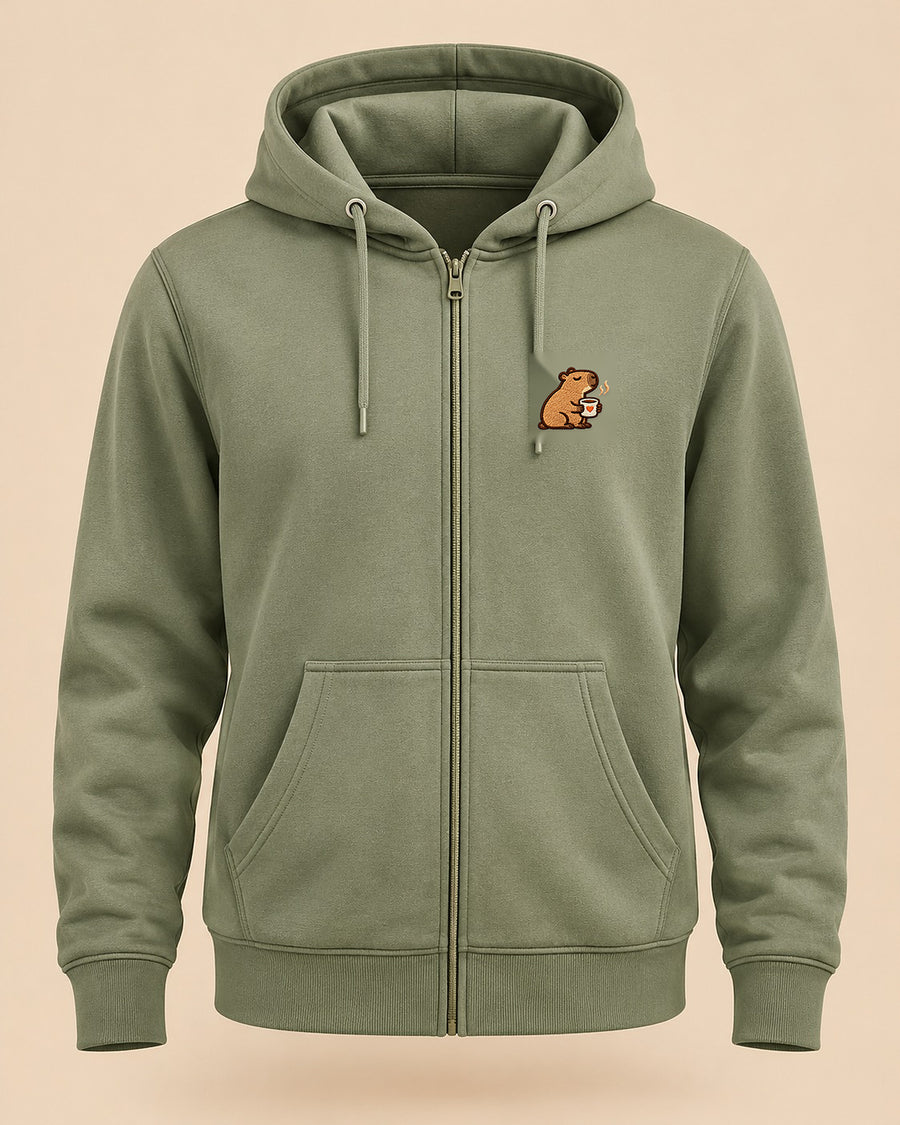 Mellowbara_mit_kaffee – neutrales Produktbild der Sweatjacke mit kleiner Stickerei