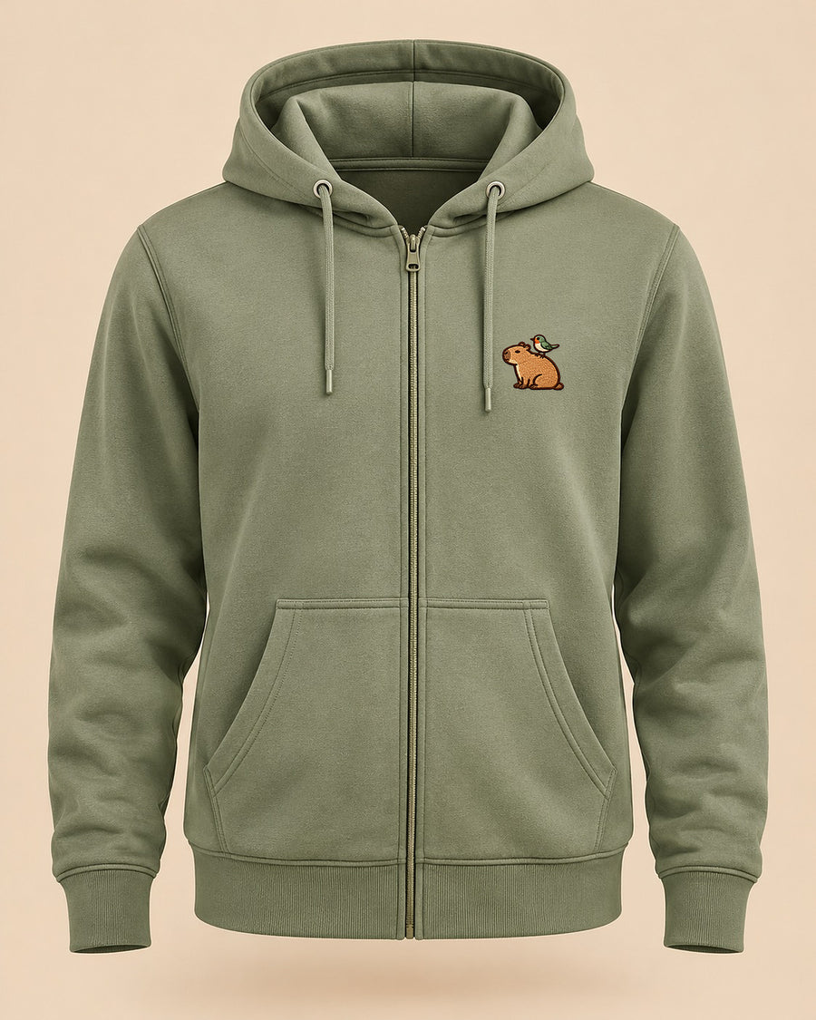 Mellowbara_mit_Vogel – neutrales Produktbild der Sweatjacke mit kleiner Stickerei