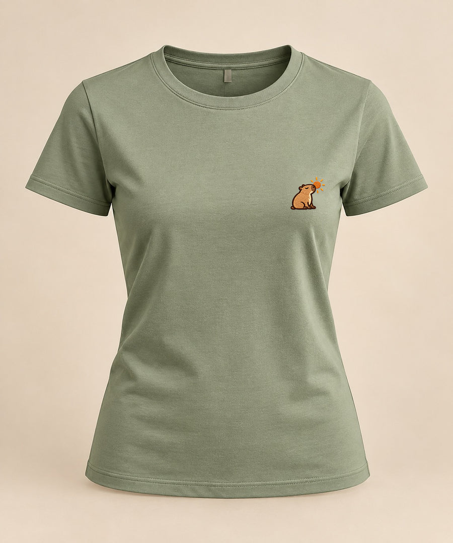 Sunny_Mellowbara – neutrales Produktbild der Damen-T-Shirt mit kleiner Stickerei